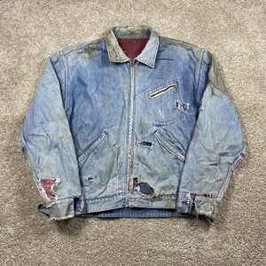 Vintage 50s 60s Denim Faded Distressed Bomber Farm Jacket USA Coat Flannel Lined